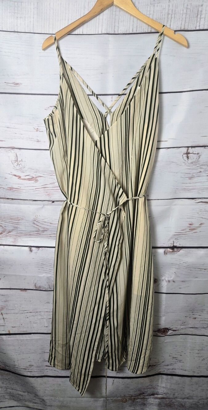 JOA Womens Dress Size L Green Cream Stripe Wrap Sleeveless Tie Waist Casual Work